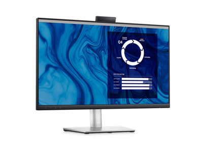 藍白色背景前的 Dell C2423H 視訊會議顯示器的圖片，螢幕呈現操作界面。