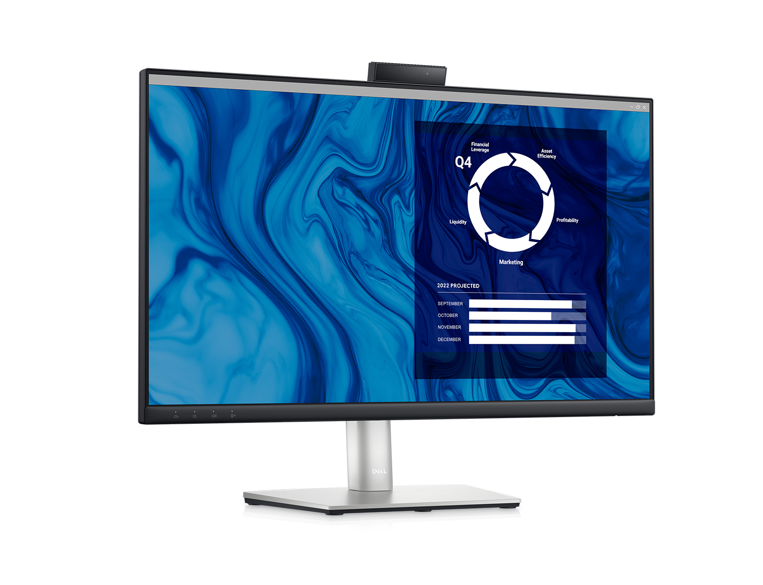 Imagem do Monitor de Videoconferência Dell C2423H com fundo azul e branco e um painel de controlo no ecrã.