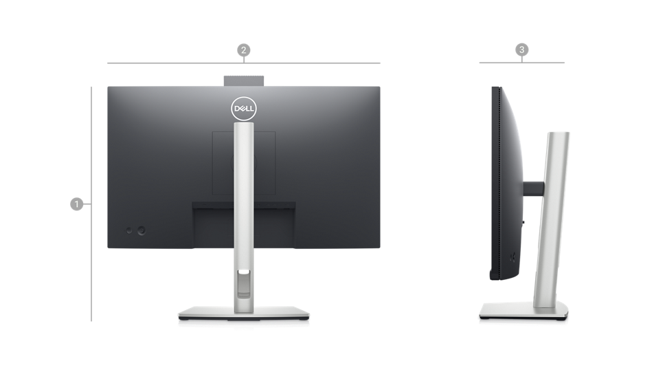 Imagem do monitor para videoconferência Dell C2423H com a parte traseira visível e números indicando as dimensões e o peso do produto.