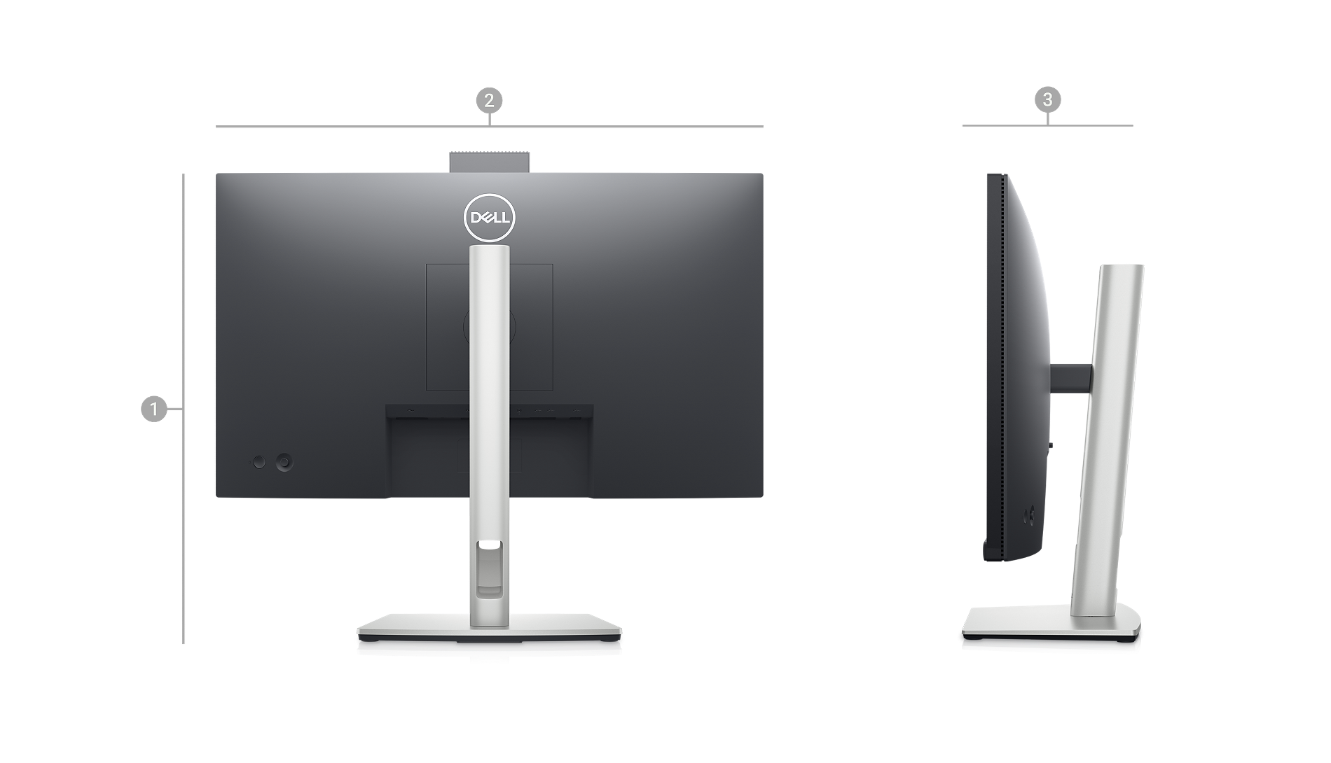 Bild des Dell C2423H Videokonferenzmonitors mit sichtbarer Rückseite und Zahlen, die die Produktabmessungen und das Gewicht anzeigen.