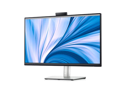 Imagem de monitor de videoconferência Dell C2423H em um fundo branco com um fundo azul e branco mostrado na tela.