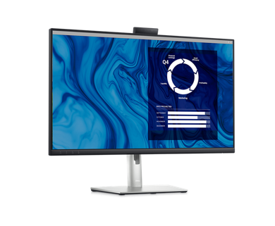 Picture  of  Dell  C2723H  Video  Conferencing  Monitor with  a blue  and  white  background and a dashboard on the screen.