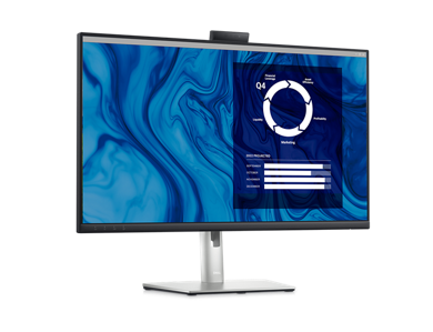 Zdjęcie monitora do wideokonferencji Dell C2723H z niebieskim i białym tłem oraz pulpitem nawigacyjnym na ekranie.