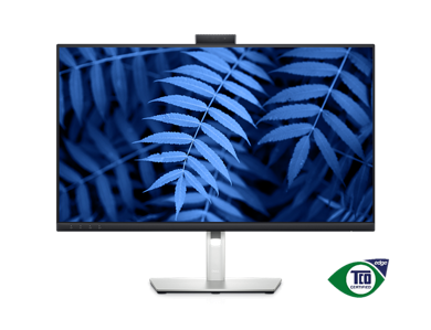 Zdjęcie monitora Dell C2723H z niebieskimi listkami w tle i logo TCO Certified Edge pod produktem.