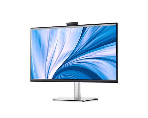 Kuva Dell C2723H -videoneuvottelunäytöstä valkoisella taustalla, näytöllä sinivalkoinen taustakuva.