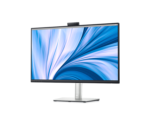 Imagen del monitor de videoconferencias Dell C2723H sobre un fondo blanco con un fondo azul y blanco en la pantalla.