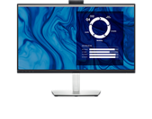 Image de l’écran de conférences vidéo Dell C2723H avec un fond bleu et blanc et un tableau de bord à l’écran.