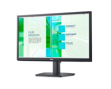 Grafika przedstawiająca monitor Dell E2223HN z zielono-białym tłem na ekranie.