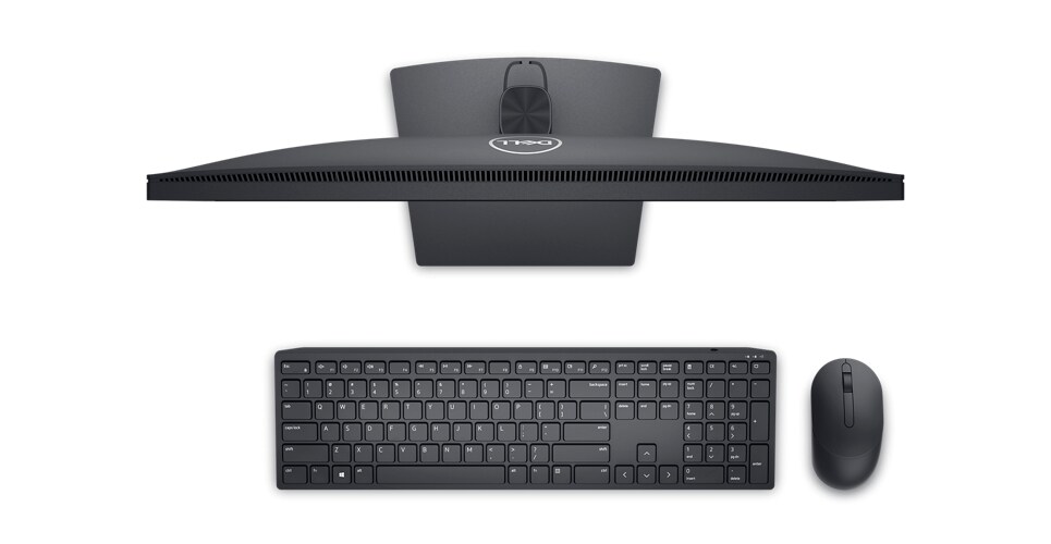 Picture of a Dell E2223HN Monitor with a Dell keyboard and mouse in front of the product all seen from above. 