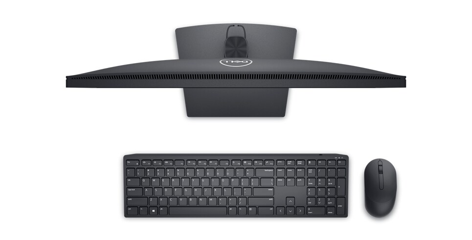 Picture of a Dell E2223HN Monitor with a Dell keyboard and mouse in front of the product all seen from above. 