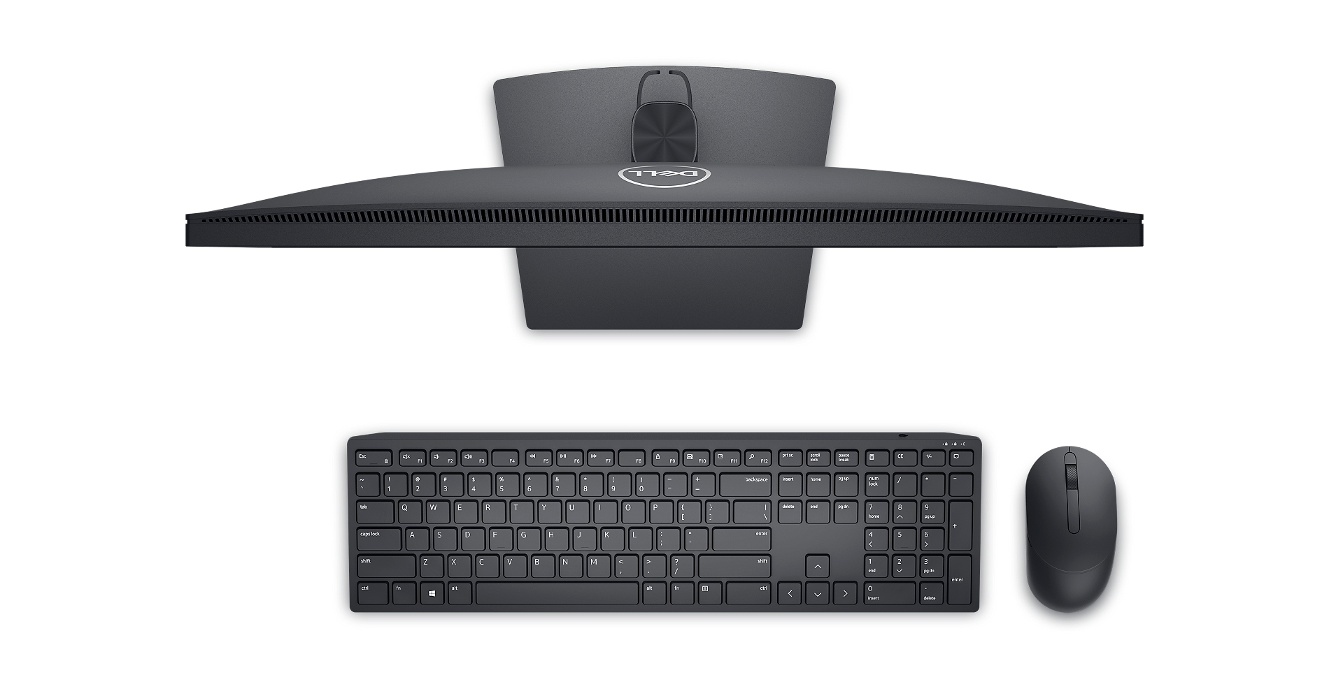 Bild eines von oben dargestellten Dell E2223HN-Monitors mit Dell Tastatur und Maus vor dem Produkt.