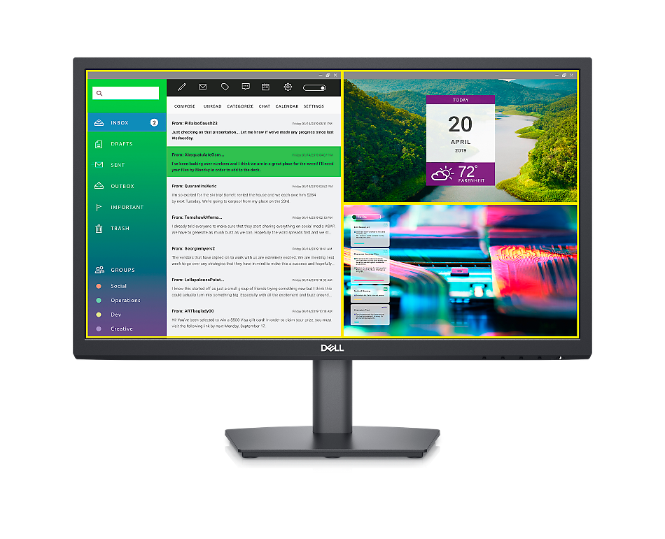 Bild eines Dell E2223HN-Monitors mit drei verschiedenen, auf dem Bildschirm geöffneten Tools.