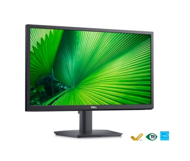 Grafika przedstawiająca monitor Dell E2223HN z tłem z zielonymi liśćmi na ekranie.