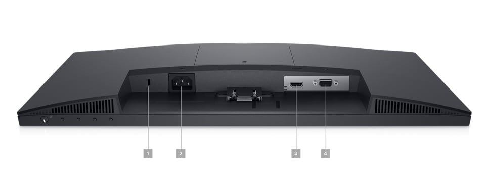 Photo d’un écran Dell E2223HN orienté vers le bas avec les chiffres 1 à 4 indiquant les ports disponibles sous le produit.