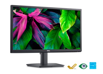 Picture of a Dell E2223HV Monitor with green and purple leaves background on the screen.