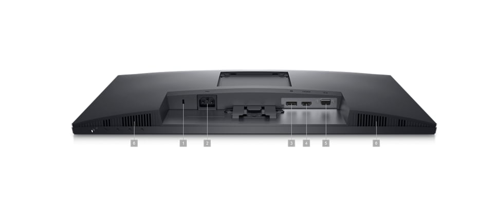 Монитор Dell E2424HS с экраном вниз и цифрами от 1 до 6, обозначающими варианты подключения продукта.