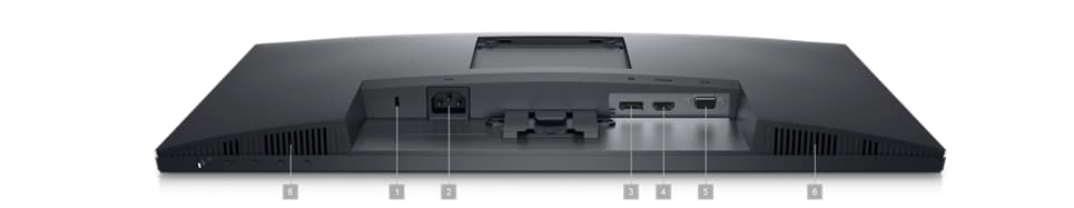Dell E2424HS-Monitor mit heruntergeklapptem Bildschirm und Zahlen von 1 bis 6, die die Konnektivitätsoptionen des Produkts anzeigen.