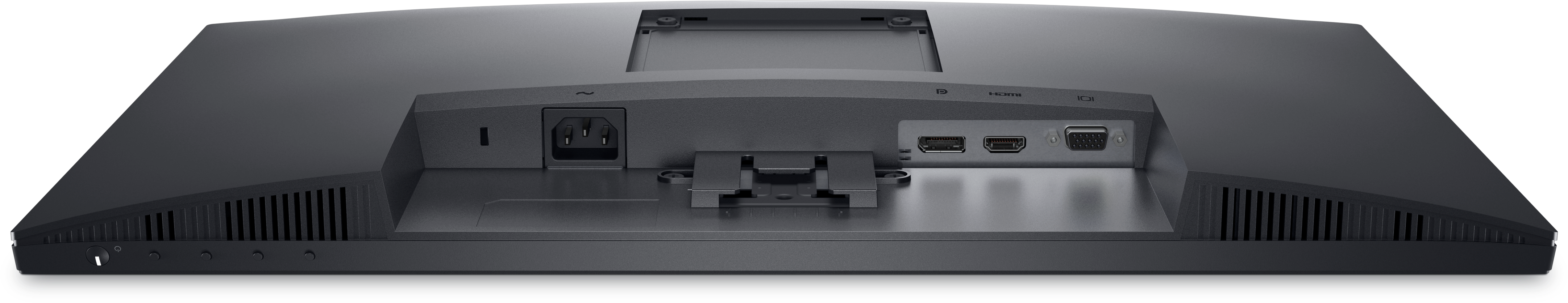 View Monitor E2425HS orientado hacia abajo con los puertos y las conexiones a la vista