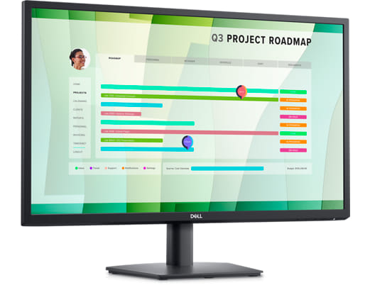 Imagen de un monitor Dell E2723 con un fondo verde y un panel de control de proyecto en la pantalla.