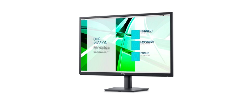 Image d'un moniteur Dell E2723 avec un fond vert et blanc à l'écran.