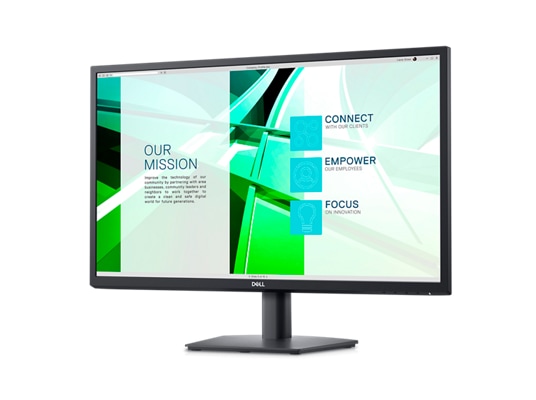 Imagen de un monitor Dell E2723 con fondo verde y blanco en la pantalla.