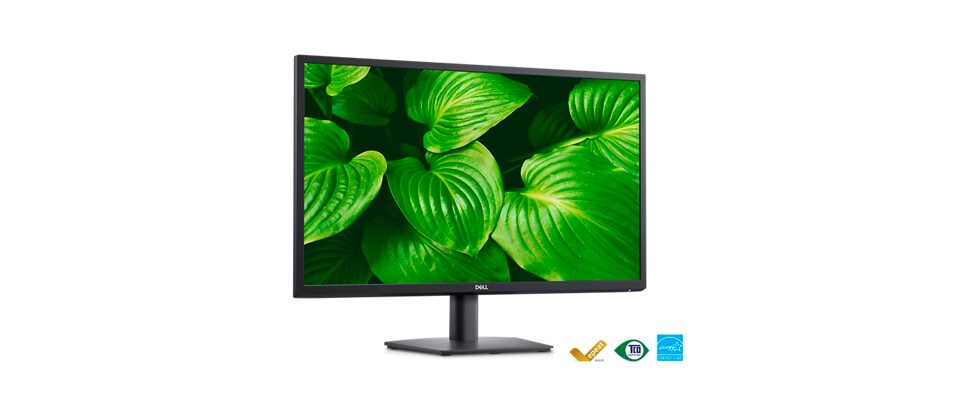Picture of a Dell E2723 Monitor with green leaves background on the screen.