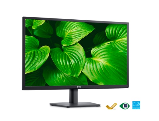 Imagen de un monitor Dell E2723 con fondo de hojas verdes en la pantalla.