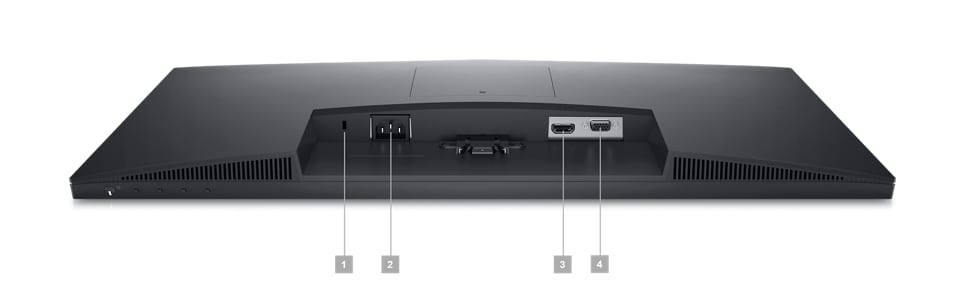 Imagen del monitor Dell E2723 con la pantalla hacia abajo y números del 1 al 4 que muestran los puertos disponibles debajo del producto. 