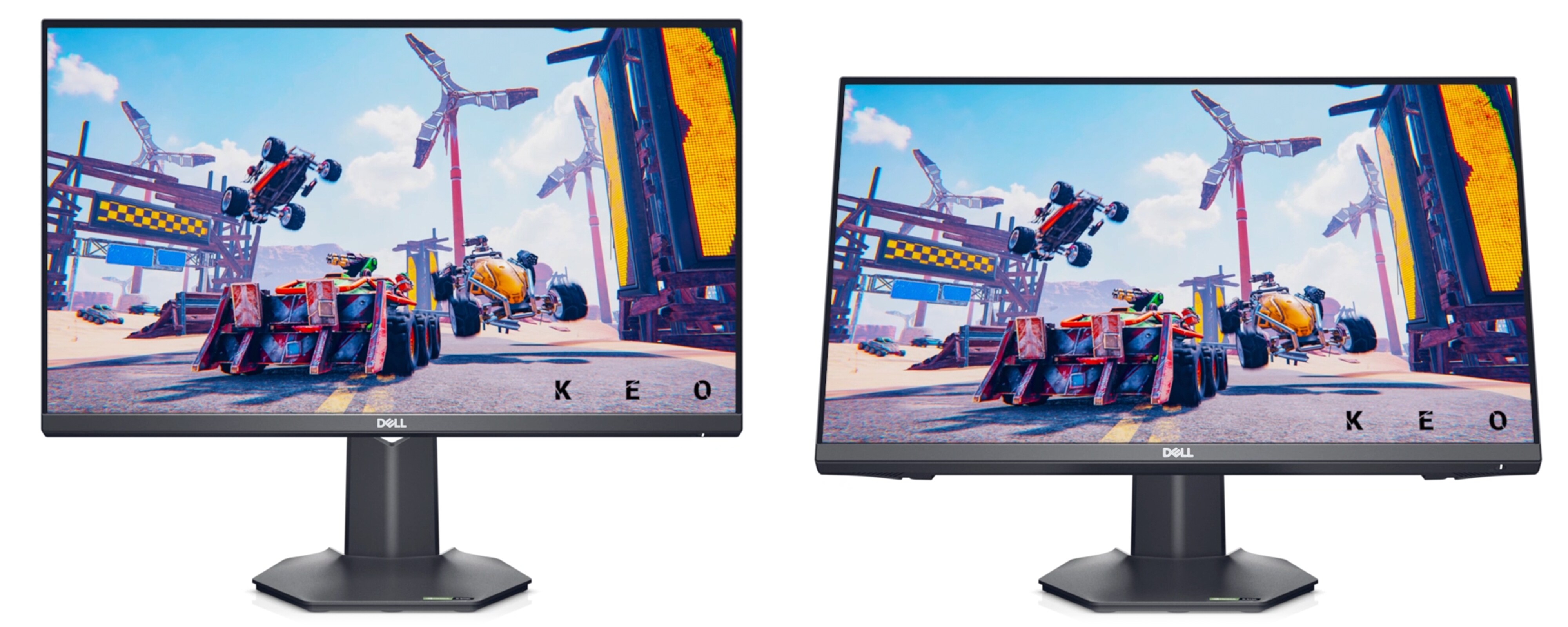 Imagem de dois monitores gamer Dell G2422HS em um fundo branco com um game da KEO em ambas as telas.