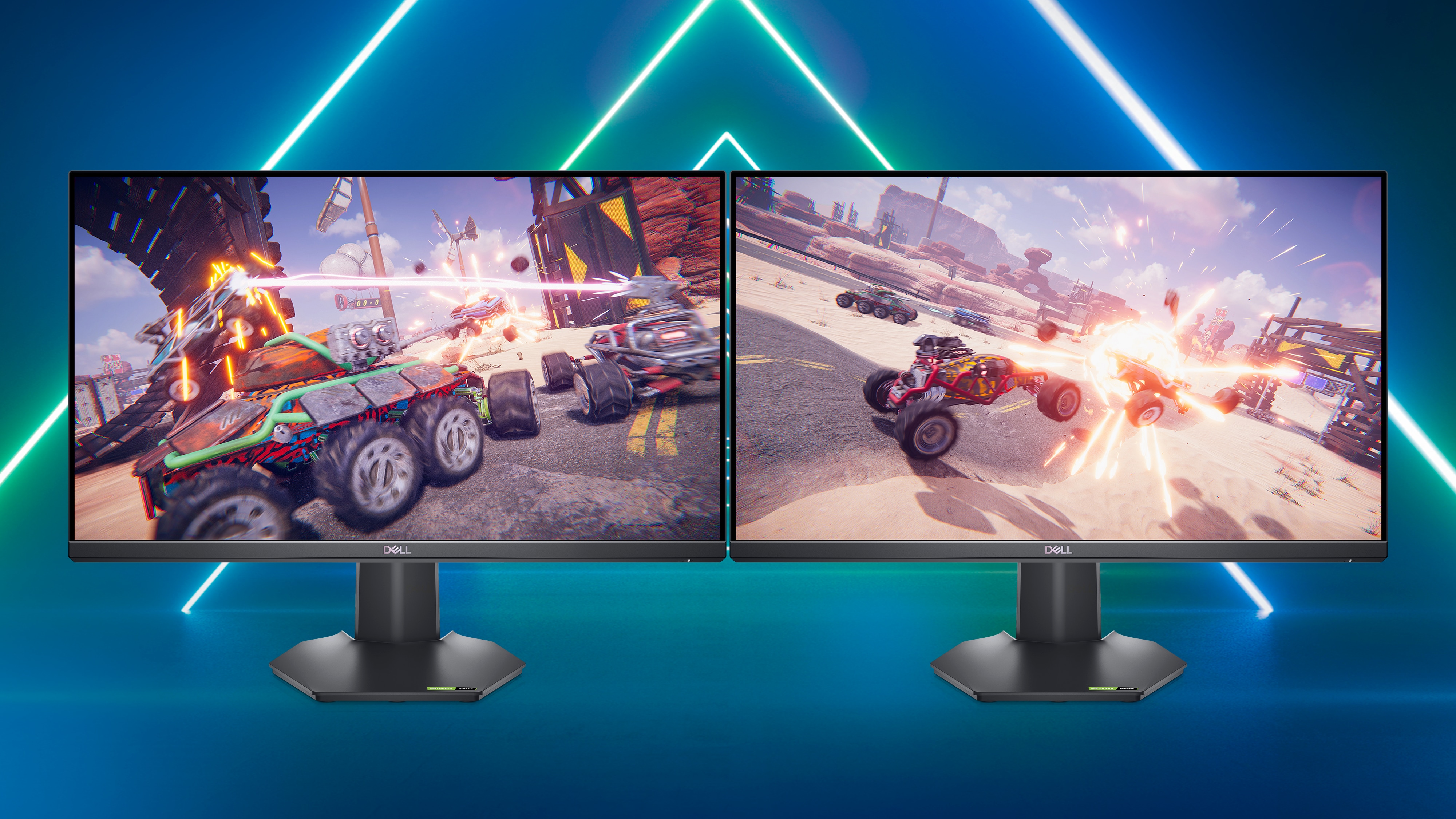 Image de deux écrans de gaming Dell G2422HS sur un arrière-plan bleu éclatant et une image de jeu sur les deux écrans.
