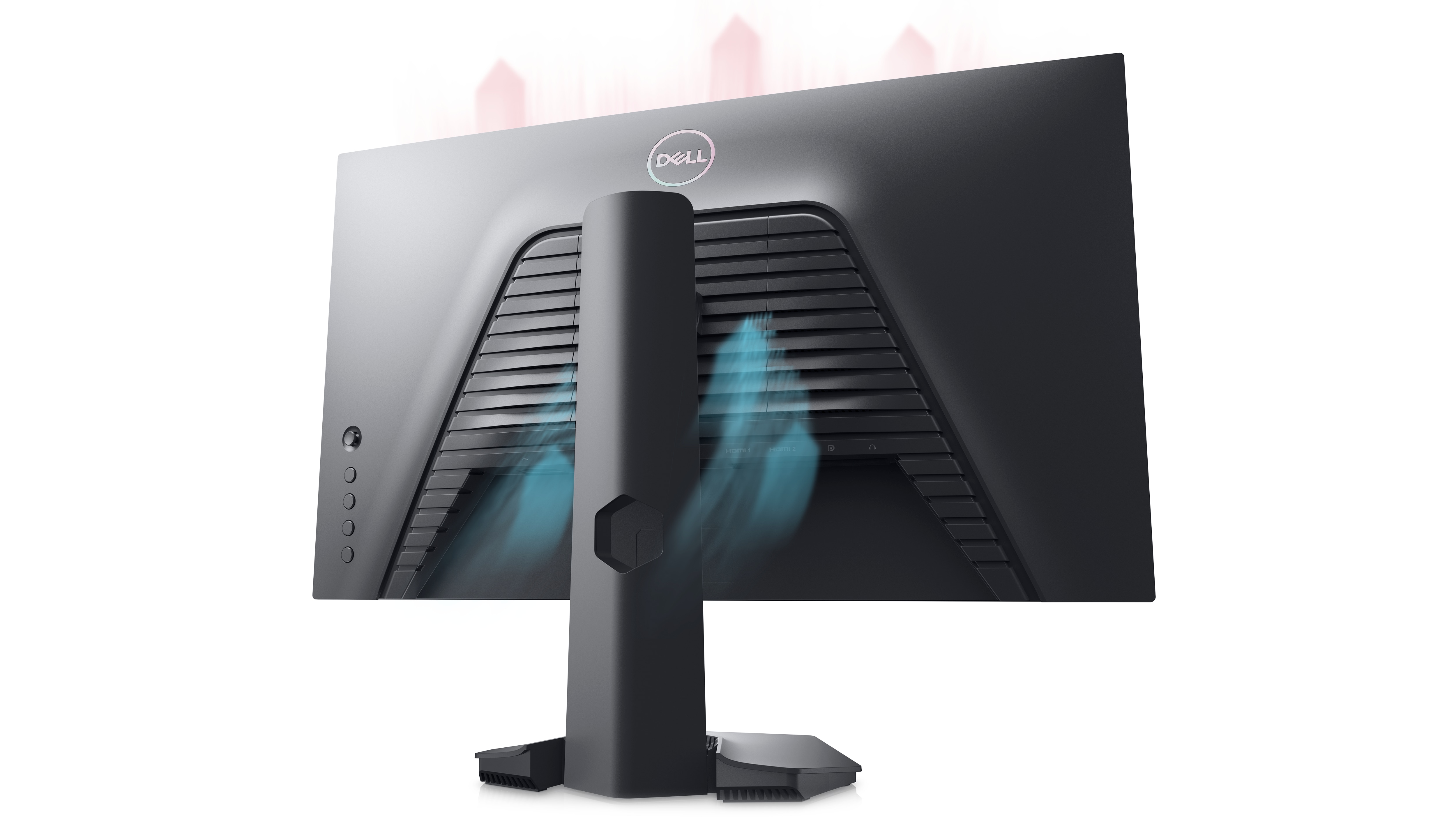 Imagem de um monitor gamer Dell G2422HS colocado de costas em um fundo branco.