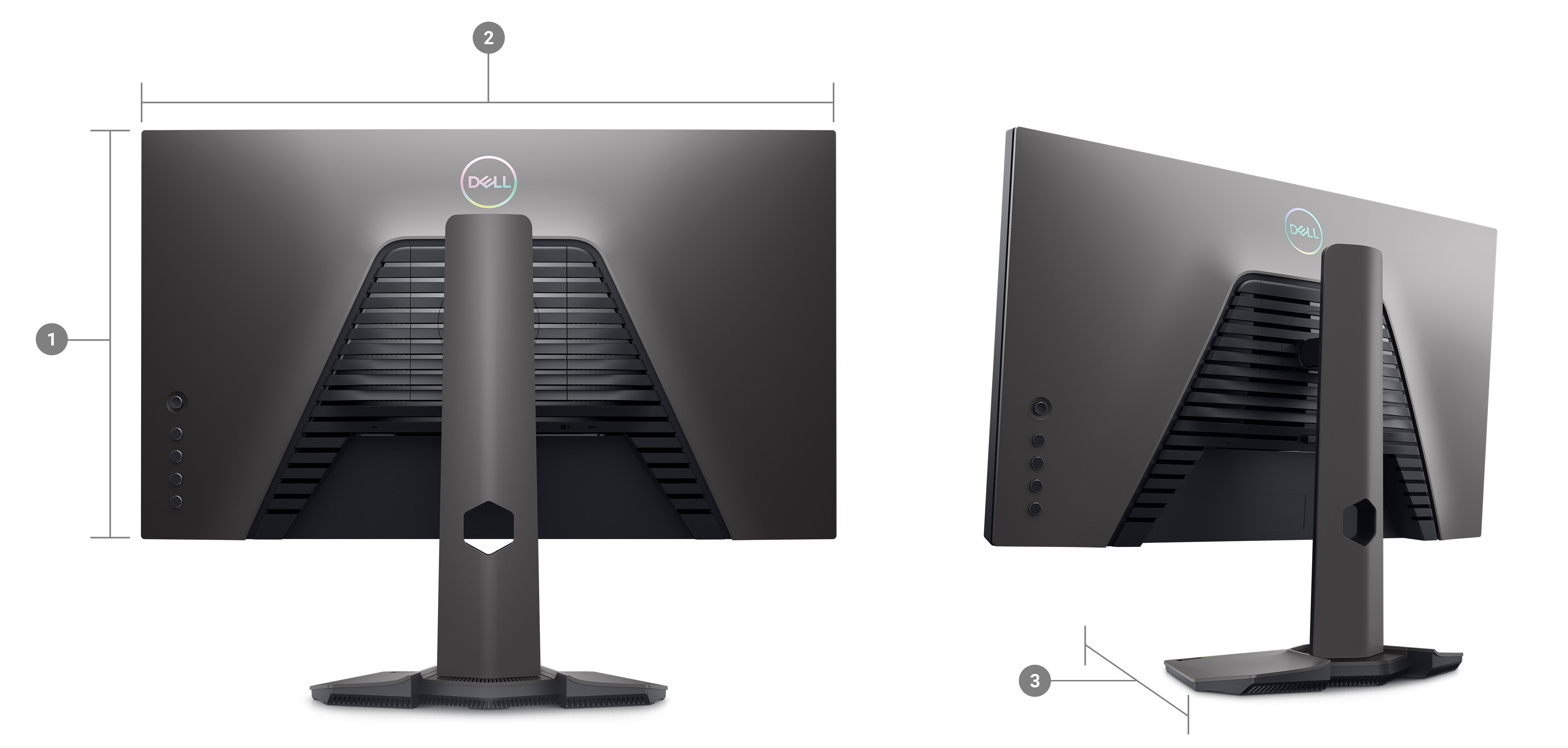 Dell G2524H Gaming Monitor with the screen down and numbers from 1 to 3 showing the product dimensions and weight.
