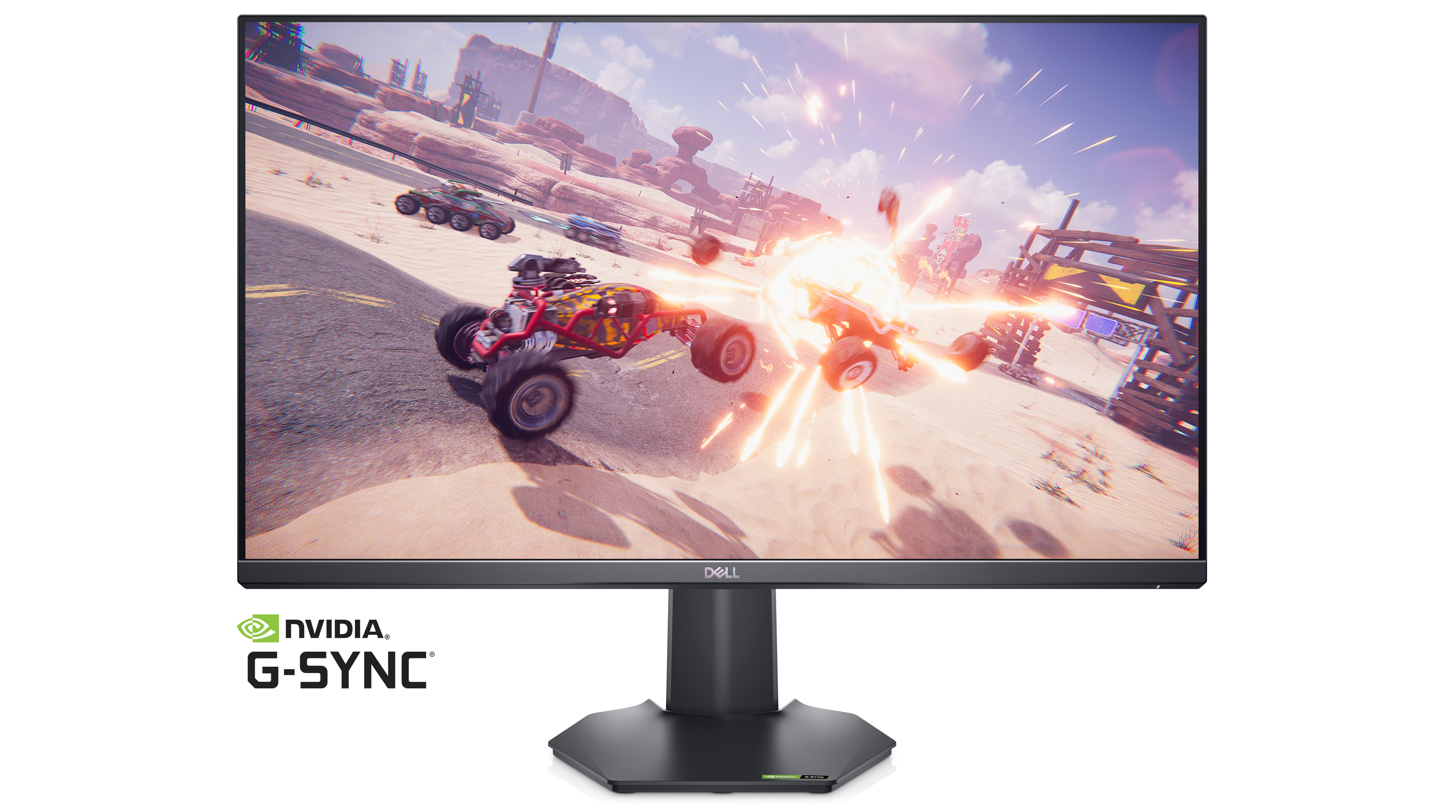 Imagem do monitor gamer Dell G2722HS com uma imagem de jogo na tela e um logotipo do NVIDIA G-Sync abaixo do produto.