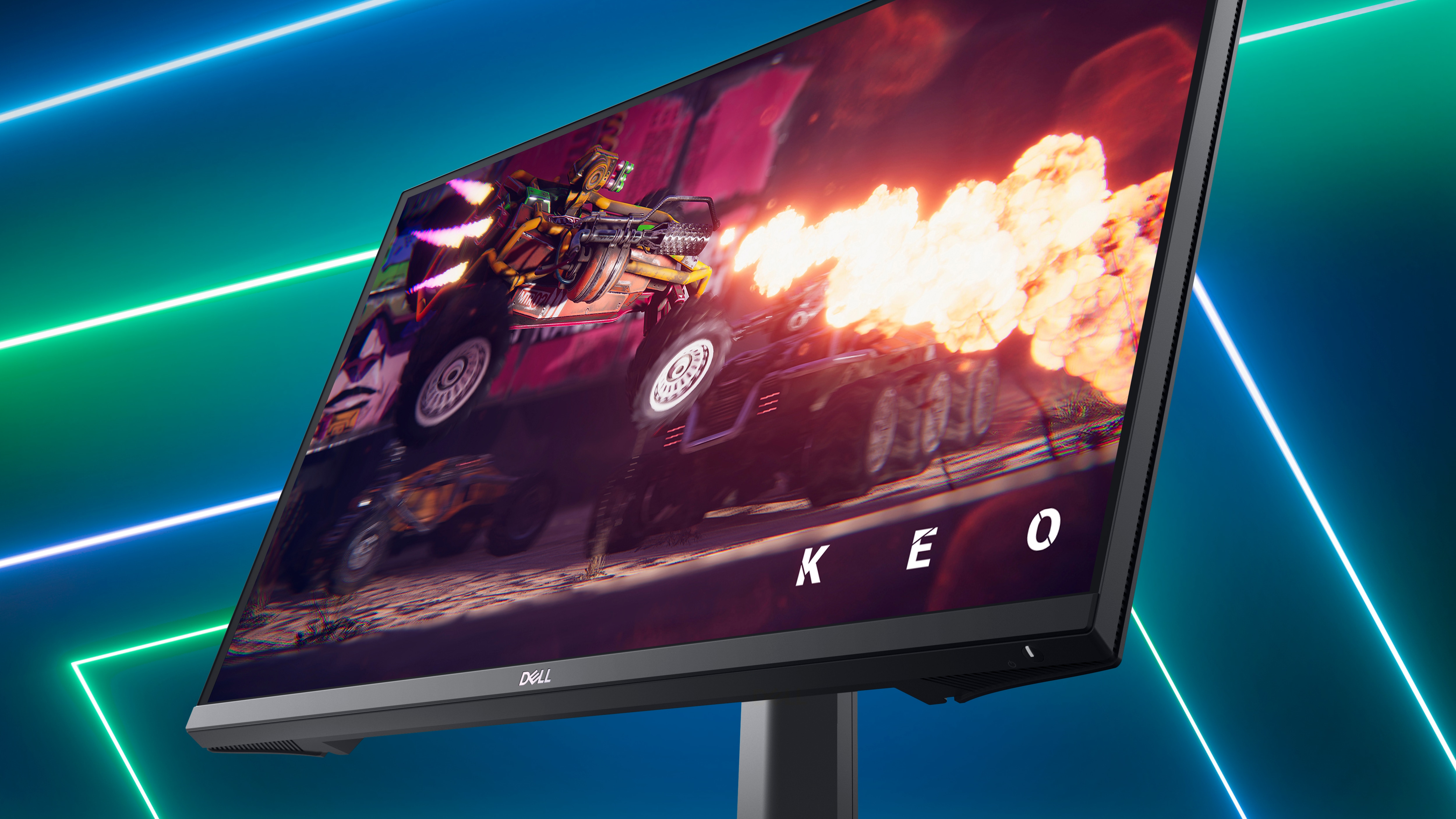 Bild eines Dell G2722HS Gaming-Monitors mit einer KEO-Spielanzeige auf dem Bildschirm und leuchtendem blauem Hintergrund.