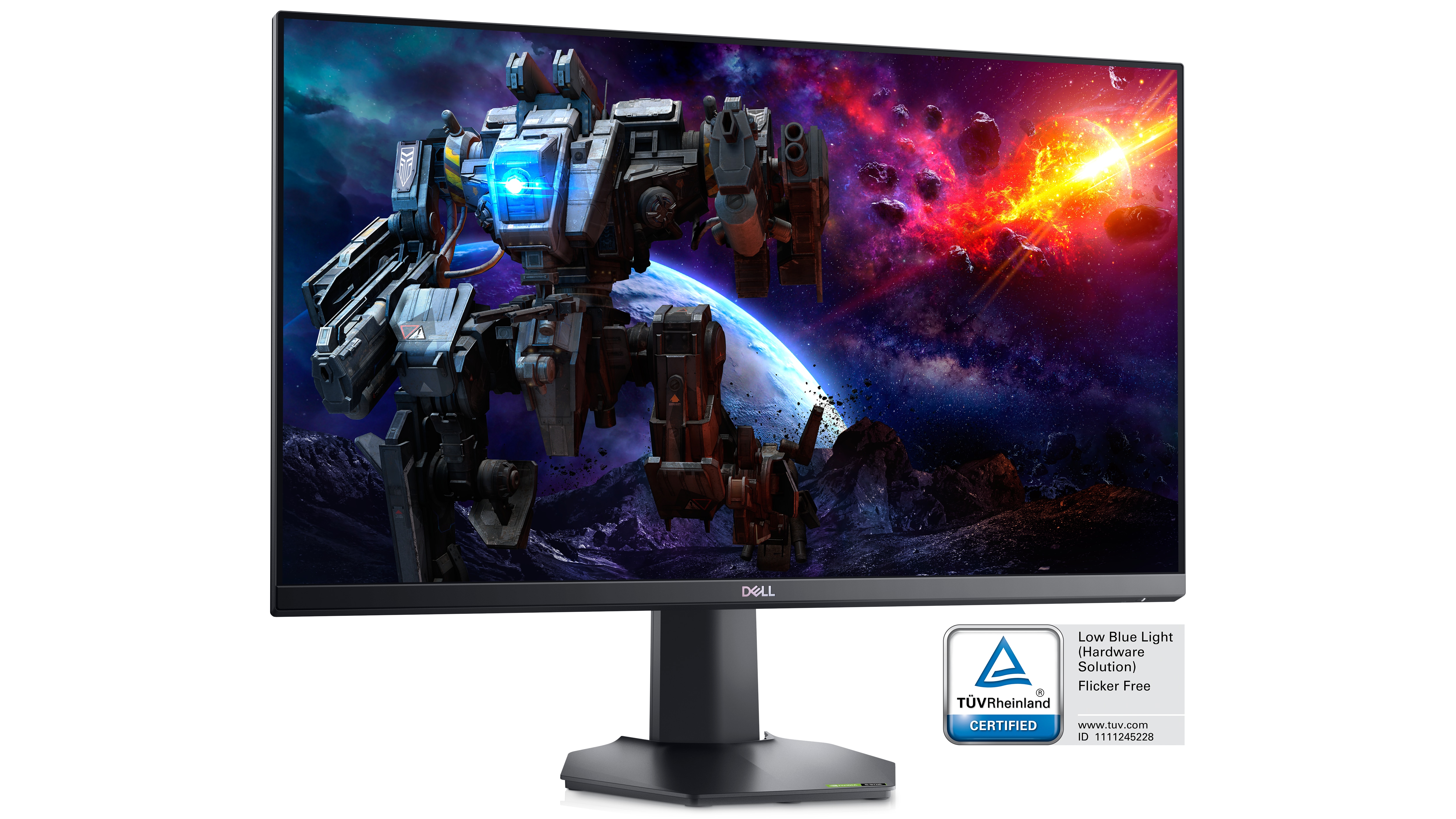Imagem de um monitor gamer Dell G2722HS com uma imagem de jogo na tela e um fundo branco.