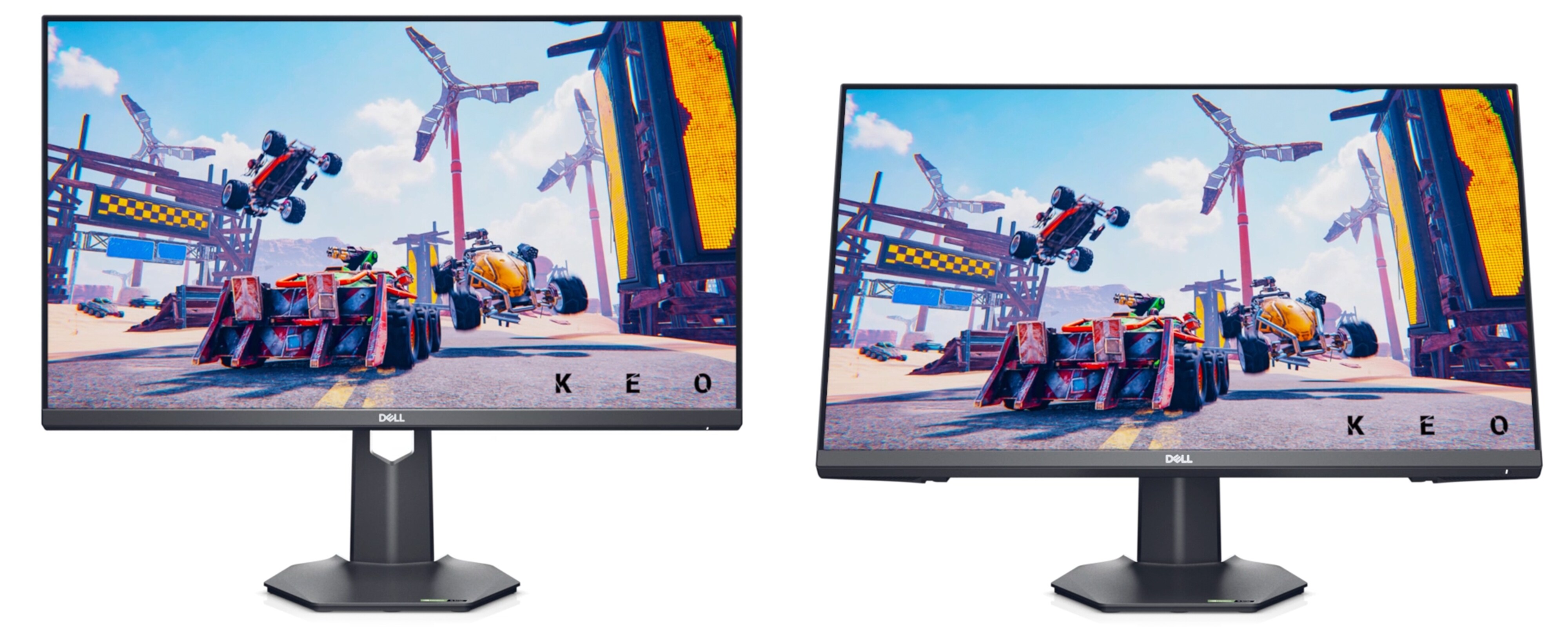 Bild von zwei Dell G2722HS Gaming-Monitoren vor einem weißen Hintergrund mit einer KEO-Spielanzeige auf beiden Bildschirmen.