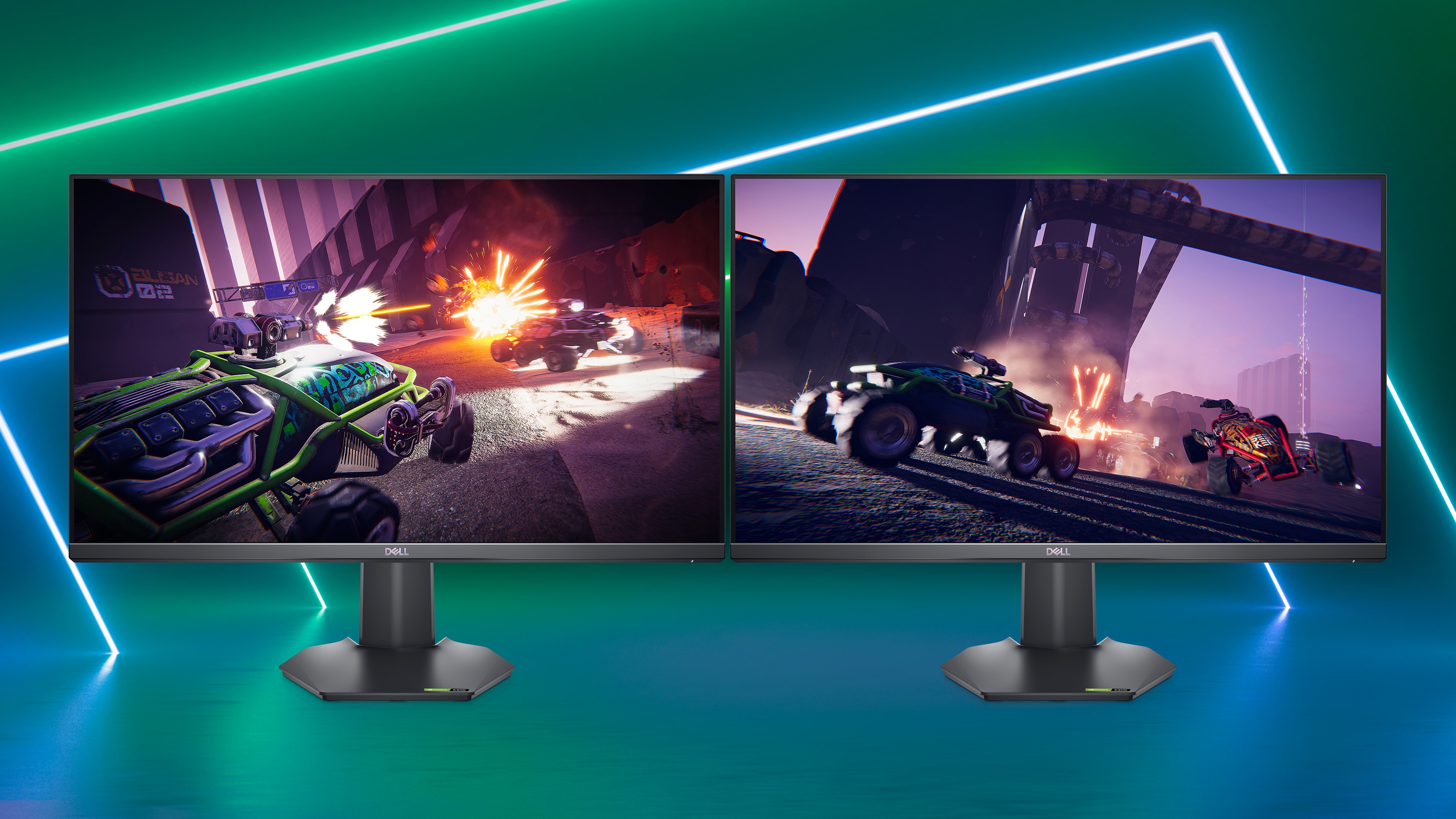 Bild von zwei Dell G2722HS Gaming-Monitoren vor einem leuchtenden blauen Hintergrund und mit einer Spielanzeige auf beiden Bildschirmen.