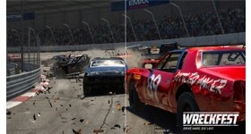 Picture of destroyed racing cars on the speedway. 