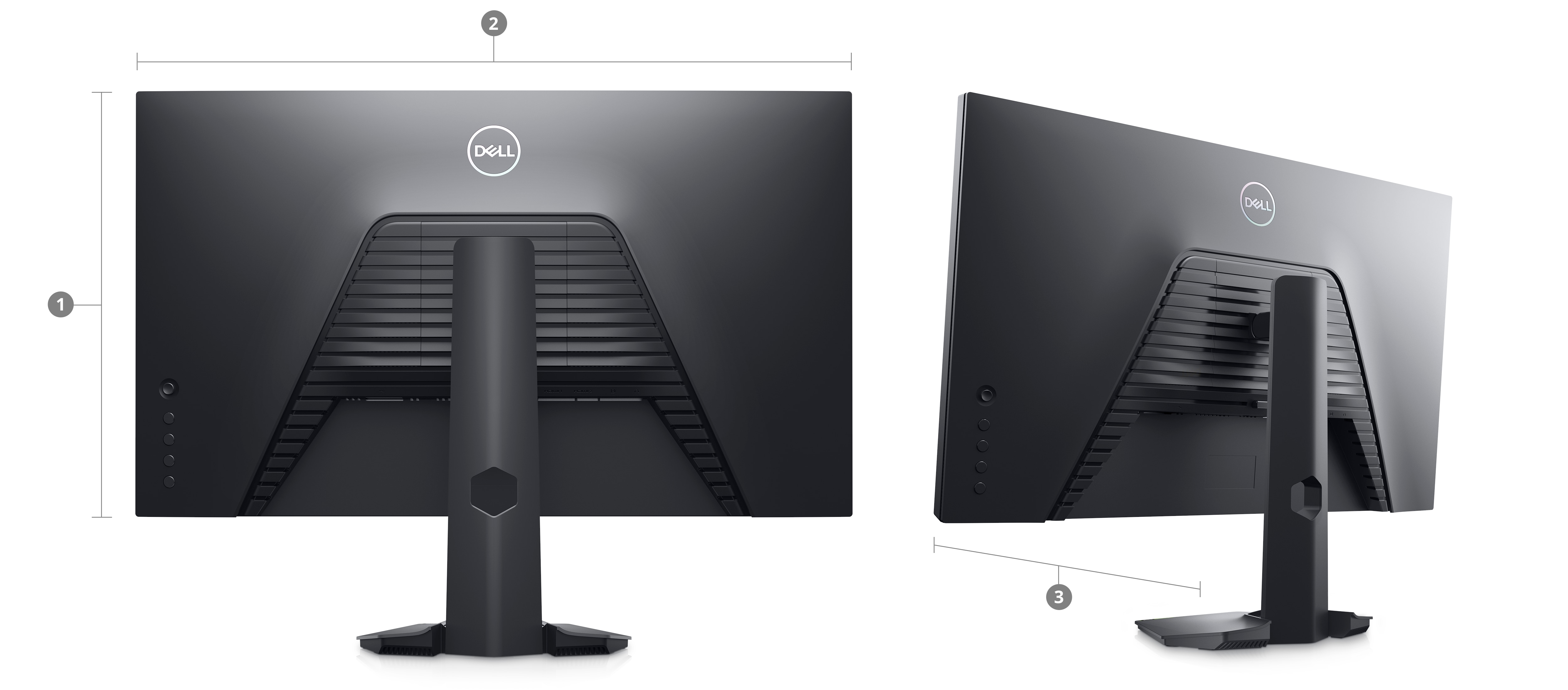Imagem traseira de dois monitores gamers Dell S2722HS com números de 1 a 3, indicando dimensões e peso.