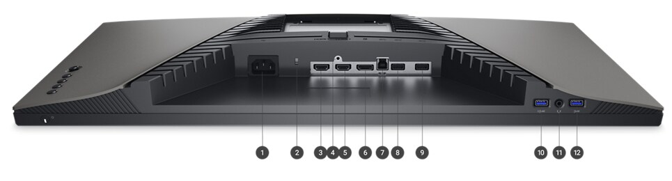 Picture of Dell G2723H Monitor with the screen down and numbers from 1 to 12 signaling the ports available below the product.