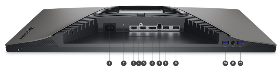 Изображение монитора Dell G2723H с опущенным экраном и цифрами от 1 до 12, обозначающими порты, доступные под продуктом.