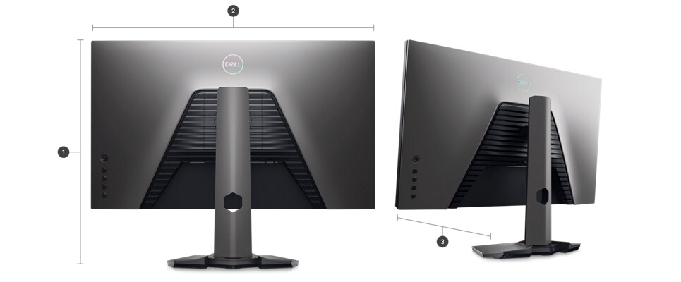 Picture of two Dell G2723H Gaming Monitors from the back with numbers from 1 to 3, signaling dimensions & weight.