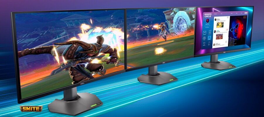 Picture of three Dell G2723H Gaming Monitors side by side with game images on the screens.