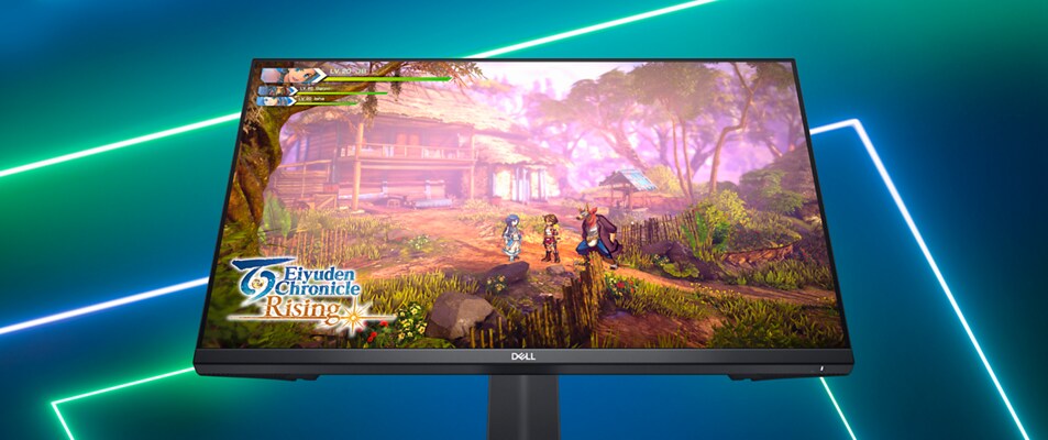 Picture of a Dell G2723HN Gaming Monitor with a Eiyuden Chronicle Rising game image on the screen.
