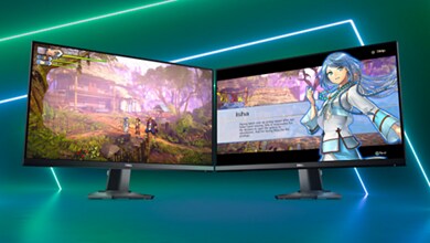 Picture of two Dell G2723HN Gaming Monitors side by side with a game image on both screens.