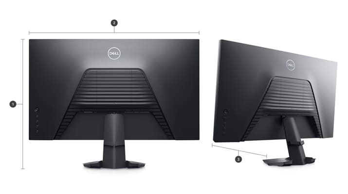 Picture of two Dell S2723HN Gaming Monitors from the back with numbers from 1 to 3 signaling dimensions & weight.