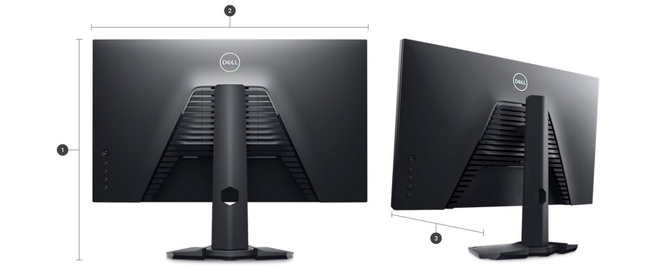 Dell G2724D 遊戲專用顯示器，螢幕朝下，數字 1 到 3 顯示產品尺寸和重量。