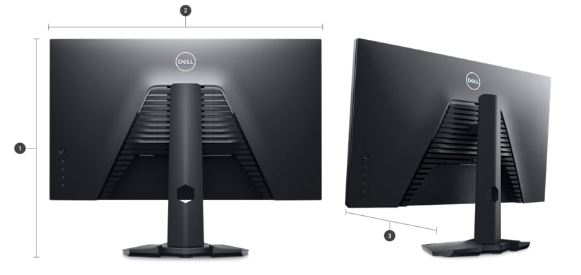 Dell G2724D Gaming Monitor with the screen down and numbers from 1 to 3 showing the product dimensions and weight.