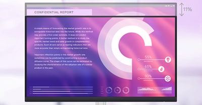 Dell P2423 顯示器的圖片，畫面呈現紫色背景和報告。