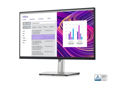 Picture of a Dell P2423D Monitor with a purple background, an email inbox and a dashboard on the screen.
